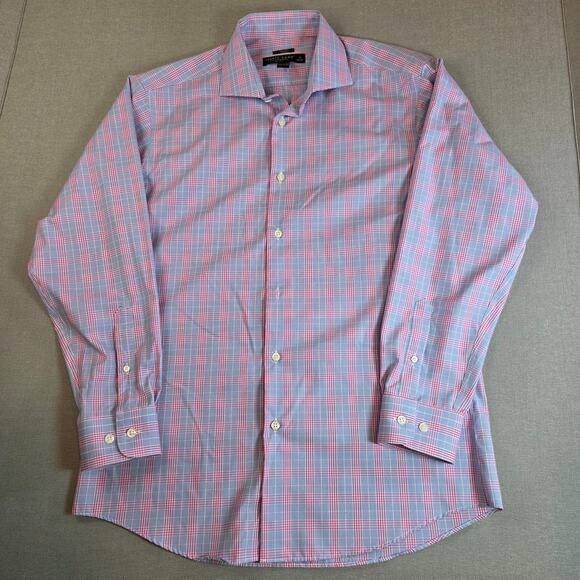 Pronto Uomo Slim Fit Non-Iron Pink Blue Plaid Dress Shirt 16 32/33 - Picture 1 of 12